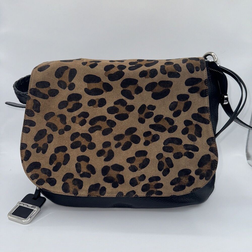 Innue Black Leather Leopard Print Suede Flap Italian Leather Shoulder Bag EUC